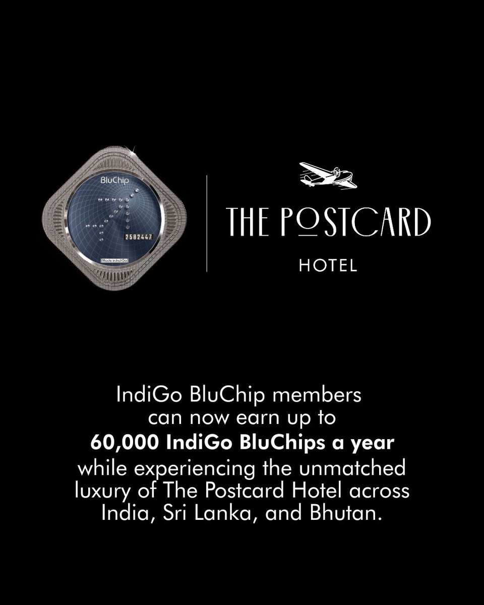 ⁦<a href="/PostcardHotel/">The Postcard Hotel</a>⁩ is proud to be partnering with ⁦<a href="/IndiGo6E/">IndiGo</a>⁩ to make your travel more rewarding. Earn upto 5,000 BluChip points every month, just book your favourite hotel on Postcardresorts.com with your Indigo BluChip loyalty number and enjoy free flights faster!