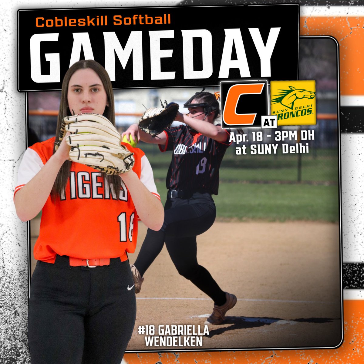 CobyAthletics's tweet photo. It's Friday NAC Doubleheader time 🔥

The Tigers hit the road today for a rematch doubleheader at SUNY Delhi at 3 PM.

🆚 Delhi (6-10/0-2)
⌚️ 3 PM
📍 Delhi, NY
🎥📊 https://t.co/nTCmF0RMoP 

#OneCoby #d3sb https://t.co/UAvHpUgge4