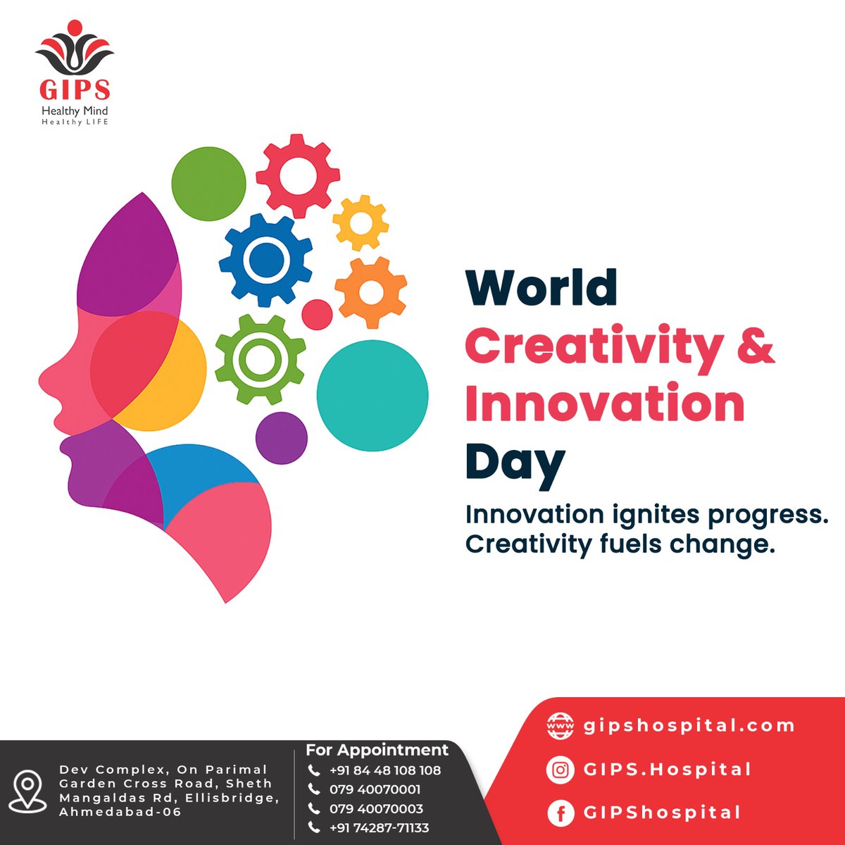 PsychiatryGIPS's tweet image. GIPS Psychiatric Hospital &amp;amp; Deaddiction Center

 World Creativity &amp;amp; Innovation Day
Innovation ignites progress. Creativity fuels change.
Let’s imagine, invent, and inspire! 

#WorldCreativityAndInnovationDay #ThinkCreative #InnovateForChange #FuelTheFuture #CreativeMinds