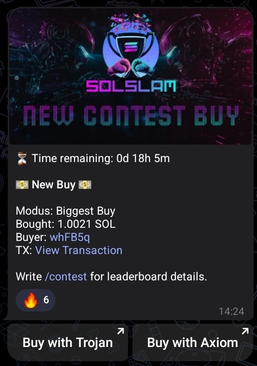 Ino89tv_kevin's tweet photo. ⚡️ Want your token to go viral?

SolSlam is the secret weapon top Solana projects use to boost hype, drive volume, and reward their community.

🎯 Launch Buy Contests on:  
• https://t.co/761Zt1rW3f  
• Moonshot  
• Raydium

🛠️ Contest Modes:  
1️⃣ Biggest Buy – Largest buyer wins  
2️⃣ Last Buy – Last buyer before time runs out wins  
3️⃣ Raffle Buy – Every buy is a ticket to win

Instant visibility. Real buyers. Real action.

👉 Click here to launch the bot:  
https://t.co/CgItS6OpKK