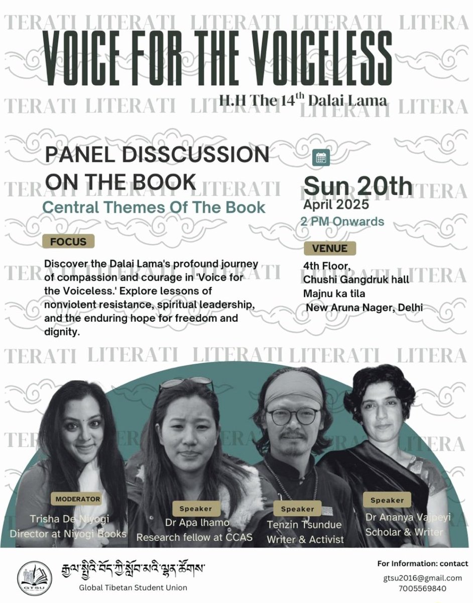 Tenzin Tsundue (@tenzintsundue) on Twitter photo Discussing the latest book by HH the Dalai Lama VOICE FOR THE VOICELESS in Delhi. See you this Sunday 20 April 2pm.
Details in poster.
<a href="/AdityaRajKaul/">Aditya Raj Kaul</a> <a href="/ANI/">ANI</a> <a href="/AP/">The Associated Press</a> <a href="/ChawlaSwati/">Swati Chawla, Ph.D.</a> <a href="/TonyMathur55/">Amitabh Mathur</a> <a href="/ics_delhi/">Institute of Chinese Studies(中国研究所)</a> <a href="/ForFnva/">Foundation for Non-violent Alternatives (FNVA)</a> <a href="/orfonline/">ORF</a> <a href="/JayadevaRanade/">Jayadeva Ranade</a> <a href="/PenguinIndia/">Penguin India</a> <a href="/picadorbooks/">Picador Books</a> <a href="/PTI_News/">Press Trust of India</a> <a href="/ZeeNews/">Zee News</a> Discussing the latest book by HH the Dalai Lama VOICE FOR THE VOICELESS in Delhi. See you this Sunday 20 April 2pm.
Details in poster.
<a href="/AdityaRajKaul/">Aditya Raj Kaul</a> <a href="/ANI/">ANI</a> <a href="/AP/">The Associated Press</a> <a href="/ChawlaSwati/">Swati Chawla, Ph.D.</a> <a href="/TonyMathur55/">Amitabh Mathur</a> <a href="/ics_delhi/">Institute of Chinese Studies(中国研究所)</a> <a href="/ForFnva/">Foundation for Non-violent Alternatives (FNVA)</a> <a href="/orfonline/">ORF</a> <a href="/JayadevaRanade/">Jayadeva Ranade</a> <a href="/PenguinIndia/">Penguin India</a> <a href="/picadorbooks/">Picador Books</a> <a href="/PTI_News/">Press Trust of India</a> <a href="/ZeeNews/">Zee News</a>