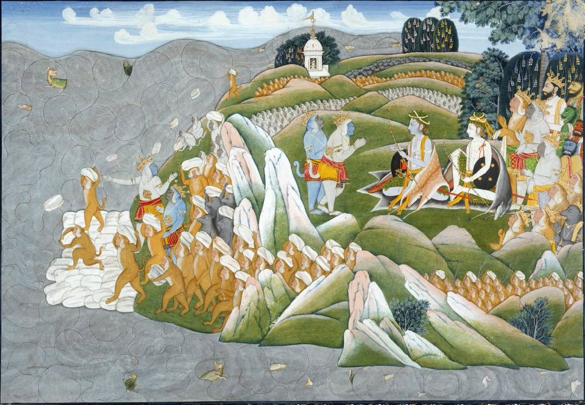 SujoshGhodake's tweet photo. Artist: Anonymous.
Painting from Kangra, Himachal Pradesh, circa 1850: a captivating depiction of the Rama Setu being built by Vanar sena and other Animals. Part of the Philadelphia Museum of Art's collection.

#ramayana #ramsetu #hinduism #ram https://t.co/tPg4kDtVmj