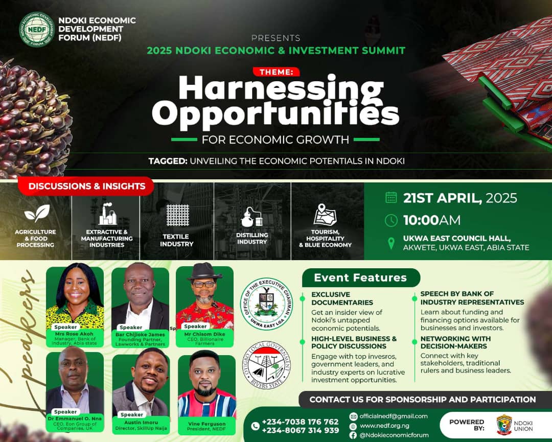 Just 2 days to go!
#NdokiSummit2025 is not just another event—it’s a launchpad for growth, investment &amp; transformation.

📅 April 21
📍 Ukwa East Council Hall, Akwete
Theme: Harnessing Opportunities for Economic Growth

🔗 Register: forms.gle/7aQykpNEVywyzV…
Tag a friend