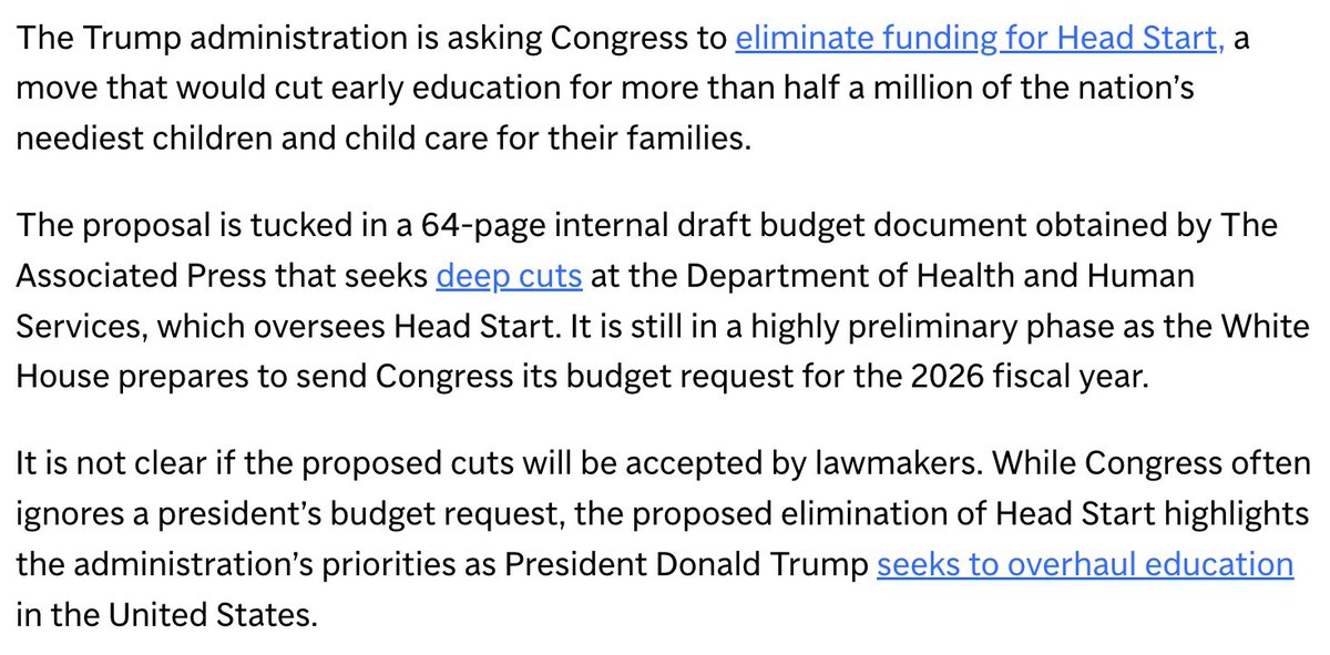 Eliminating Head Start is a truly awful idea. Educating America's kids is the most important thing we can do to make America competitive, and this will set back millions of preschoolers. It will also pull parents out of the workforce if they can't afford daycare.