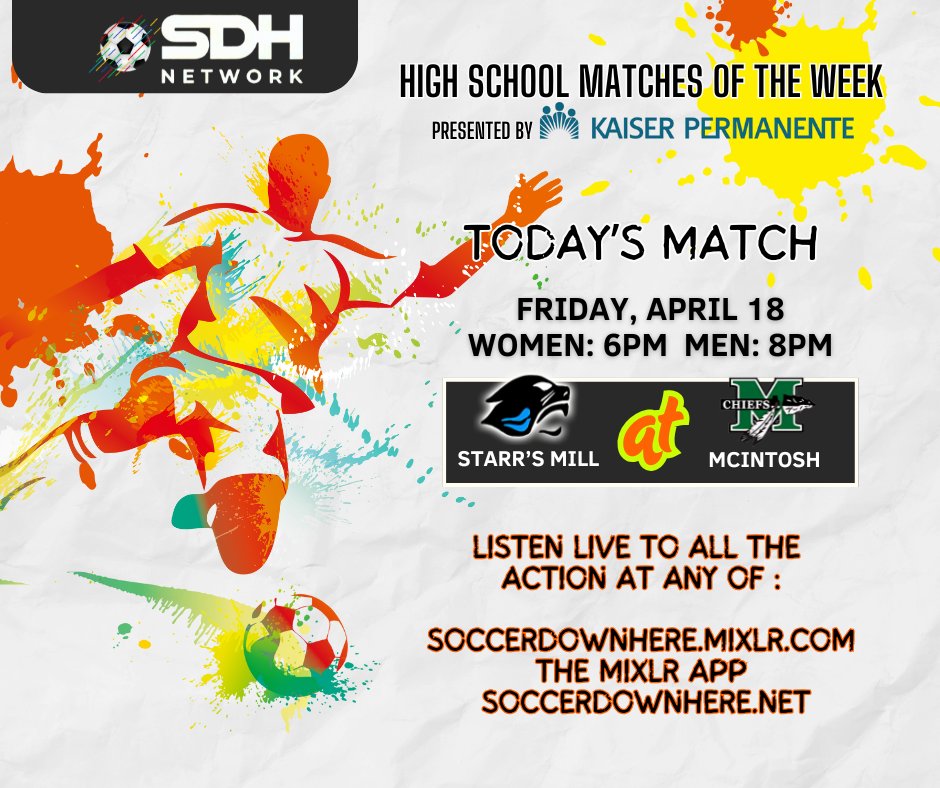 According to our good friends over at <a href="/ScorbordApp/">Scorbord Sports</a>, our <a href="/SoccerDownHere/">Soccer Down Here</a> High School Match, presented by <a href="/KPGeorgia/">KP Georgia</a>, tonight brings together 4A and 5A heavyweights!

We're in Peachtree City as the Panthers from <a href="/SoccerStarrs/">Starr's Mill Soccer</a> Mill visit the <a href="/McIntoshSoccer1/">McIntosh Soccer</a>  Chiefs. We kick off at
