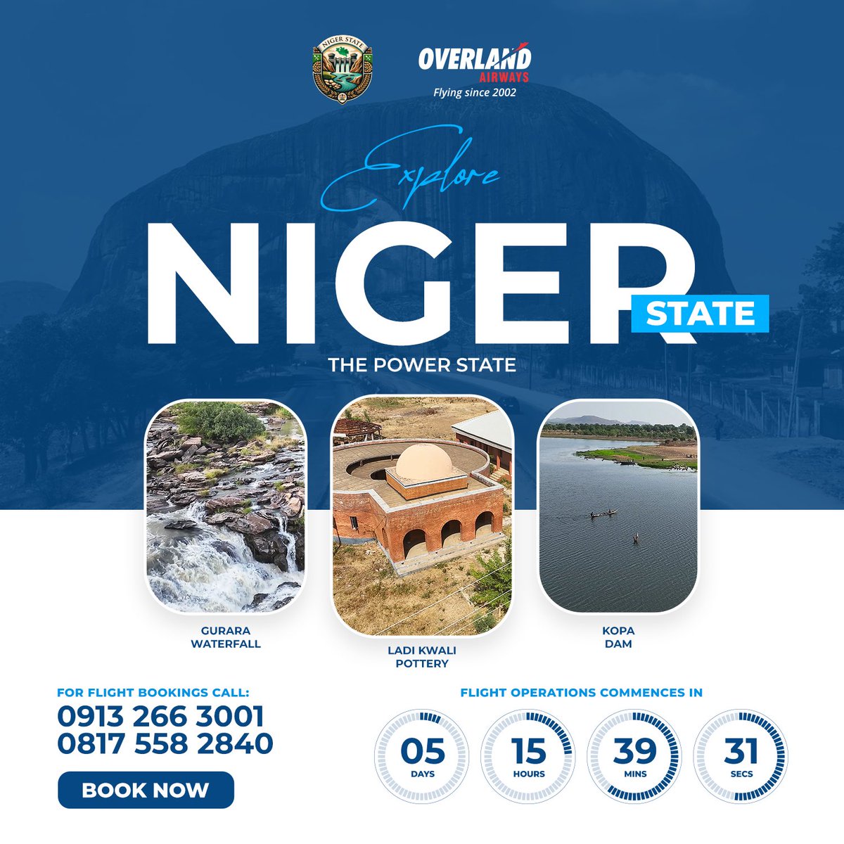 nigeraviation's tweet photo. Explore Niger State like never before! From waterfalls to pottery & scenic views โ all just a flight away!
Flights take off in 5 days from Bola Ahmed Tinubu Intโl Airport, Minna โ๏ธ
Book now: 0913 266 3001 | 0817 558 2840
#FlyOverland #ExploreNiger #5DaysToGo #BATAirportMinna https://t.co/T4EZZFiQMk