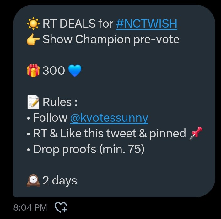 nctwishvoting's tweet photo. ☀ RT DEALS for #NCTWISH 
👉 Show Champion pre-vote

🎁 300 💙

📝 Rules : 
• Follow @kvotessunny
• RT &amp; Like this tweet &amp; pinned 📌
• Drop proofs (min. 75)

🕰 2 days

#NCTWISH_poppop
#votefornctwish #wishzensociety https://t.co/xOVhM8hGvf