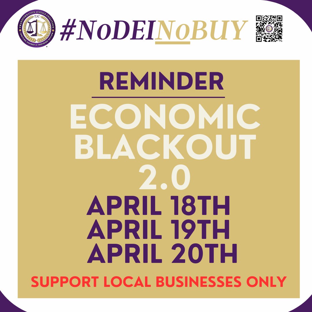 barbs73's tweet photo. 📢 ECONOMIC BLACKOUT ALERT
𝗗𝗮𝘁𝗲: April 18 - 20, 2025
𝗣𝘂𝗿𝗽𝗼𝘀𝗲: No DEI No Buy
This weekend we’re hitting pause on spending to hit back at systems that ignore our voices. No Big Box Shopping. Shop Local Businesses Only!
#NoDEINoBuy #ThePeoplesUnionUSA #TargetFast https://t.co/sLXKrg6LGo