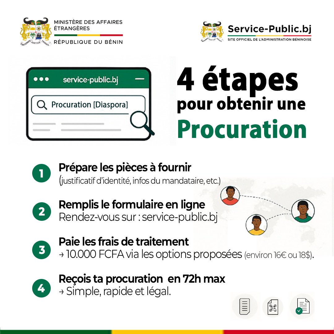 BeninDiplomatie's tweet photo. #eservicediaspora 🇧🇯 | Béninois de la diaspora, besoin d’un proche pour agir à votre place au Bénin ?

Simplifiez vos démarches à distance grâce à notre service de procuration en ligne : idéal pour l’enregistrement de carte SIM ou toute autre formalité administrative.

Obtenez une procuration en 4 étapes ! C’est Rapide, simple, et légal.

En savoir plus : https://t.co/0hugPqtInK

#BeninDiplomatie 
#DiasporaBeninoise 
#ServicePublicBJ