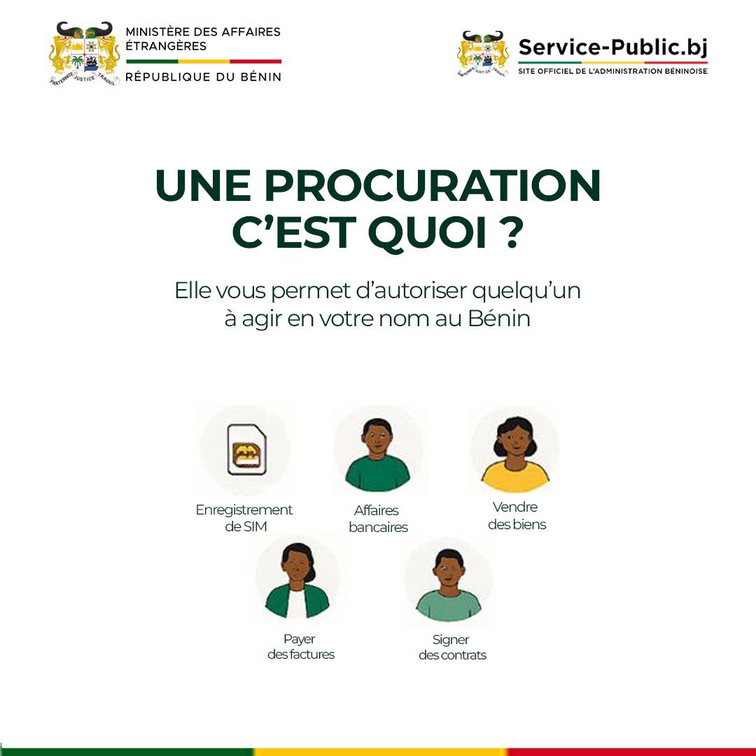 BeninDiplomatie's tweet photo. #eservicediaspora 🇧🇯 | Béninois de la diaspora, besoin d’un proche pour agir à votre place au Bénin ?

Simplifiez vos démarches à distance grâce à notre service de procuration en ligne : idéal pour l’enregistrement de carte SIM ou toute autre formalité administrative.

Obtenez une procuration en 4 étapes ! C’est Rapide, simple, et légal.

En savoir plus : https://t.co/0hugPqtInK

#BeninDiplomatie 
#DiasporaBeninoise 
#ServicePublicBJ