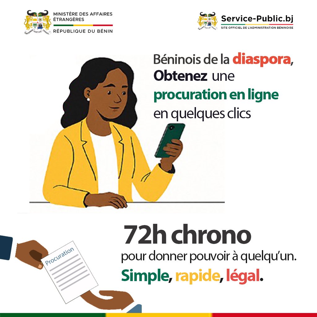 BeninDiplomatie's tweet photo. #eservicediaspora 🇧🇯 | Béninois de la diaspora, besoin d’un proche pour agir à votre place au Bénin ?

Simplifiez vos démarches à distance grâce à notre service de procuration en ligne : idéal pour l’enregistrement de carte SIM ou toute autre formalité administrative.

Obtenez une procuration en 4 étapes ! C’est Rapide, simple, et légal.

En savoir plus : https://t.co/0hugPqtInK

#BeninDiplomatie 
#DiasporaBeninoise 
#ServicePublicBJ
