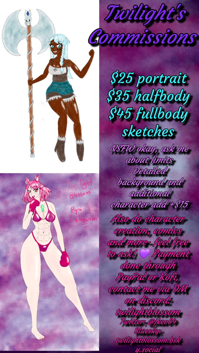 My new comms sheet,please don't be afraid to hmu if you're interested, I'm always open 💜 
You can contact me on here or: 
Twilightblossom.bsky.social 
Discord server (18+): discord.gg/raqCE7D4Jn (or my username is twilightblossom)