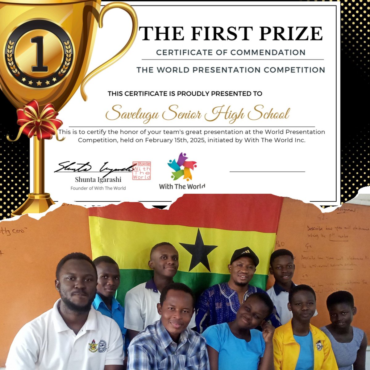 TiimobW's tweet photo. World Presentation Competition 2025 – Savelugu SHS Crowned Global Champions!

Out of 15 countries and 43 teams, Savelugu SHS emerged as the Winner  of the World Presentation Competition 2025, organized by With The World Global. 
This is Victory for Ghana 🇬🇭
Congratulations!! 🎉 https://t.co/dYODZwpqUn