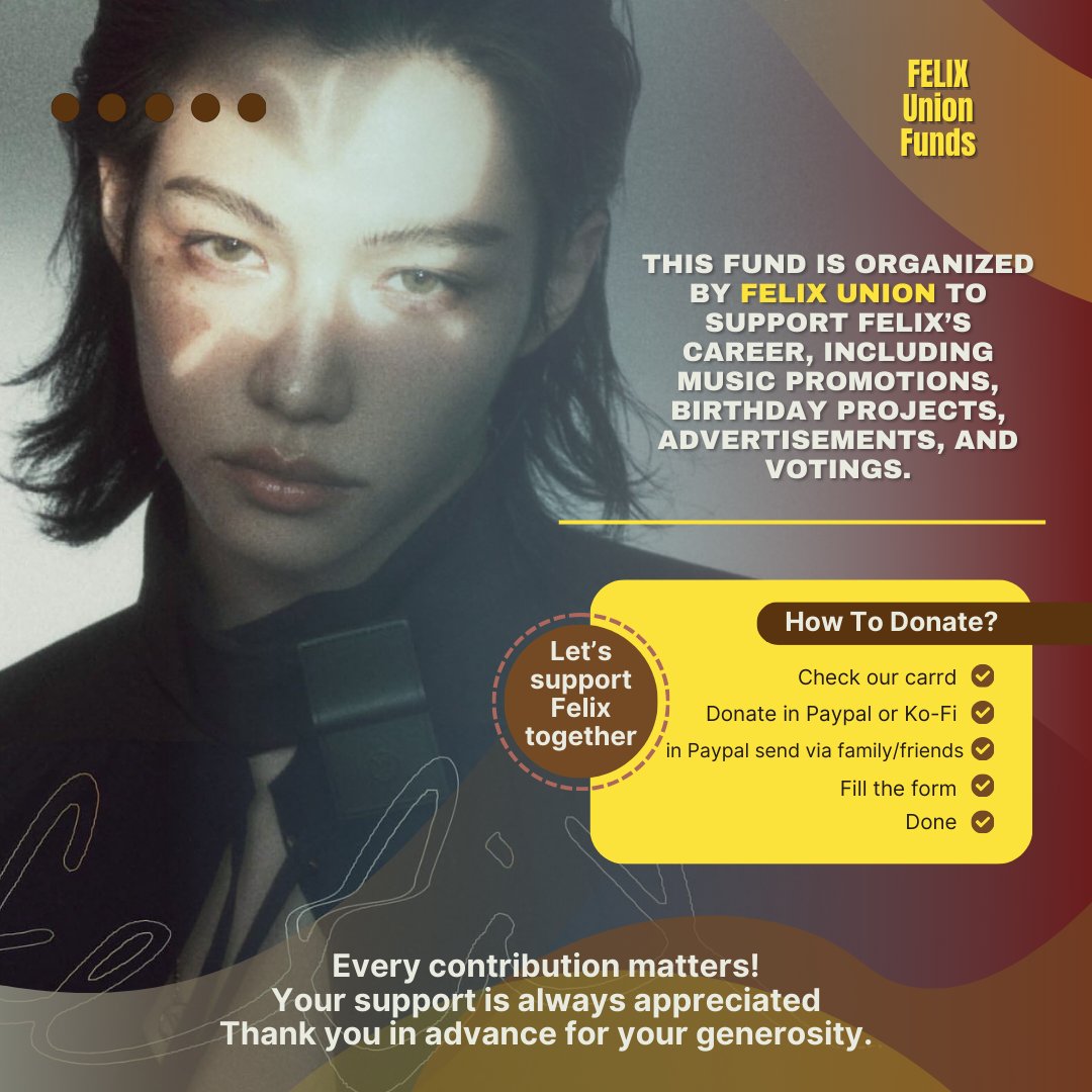 FELIXUnionFunds's tweet image. Hello Pixies & Stays 💕
This a new funds account organized by FELIX UNION to support #FELIX’s career
Every contribution makes a difference. Let's come together to show our love and support for Felix 💛
🗳️Donate: felixunionfunds.carrd.co
📝 fill the form after donating
#필릭스