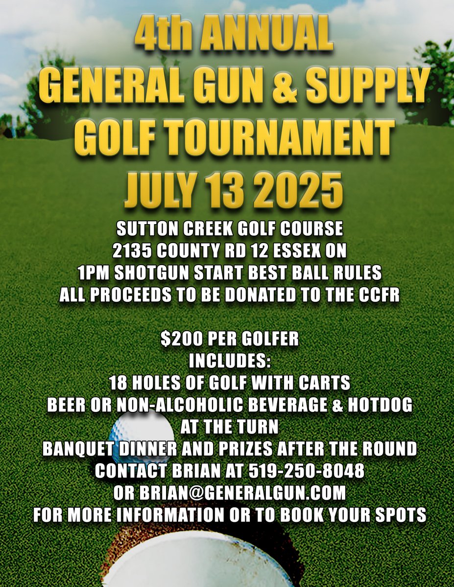 GeneralGun1991's tweet photo. It's that time of year again! We are officially launching our 4th Annual General Gun golf tournament will 100% of the proceeds going to @CCFR_CCDAF 
Last year we raised over $14000 to this very important cause, this year we have our sights set higher but we can't do it without you! 
Come on out and hang out with the guys from the store and @TWilsonOttawa and her gang from the CCFR!
