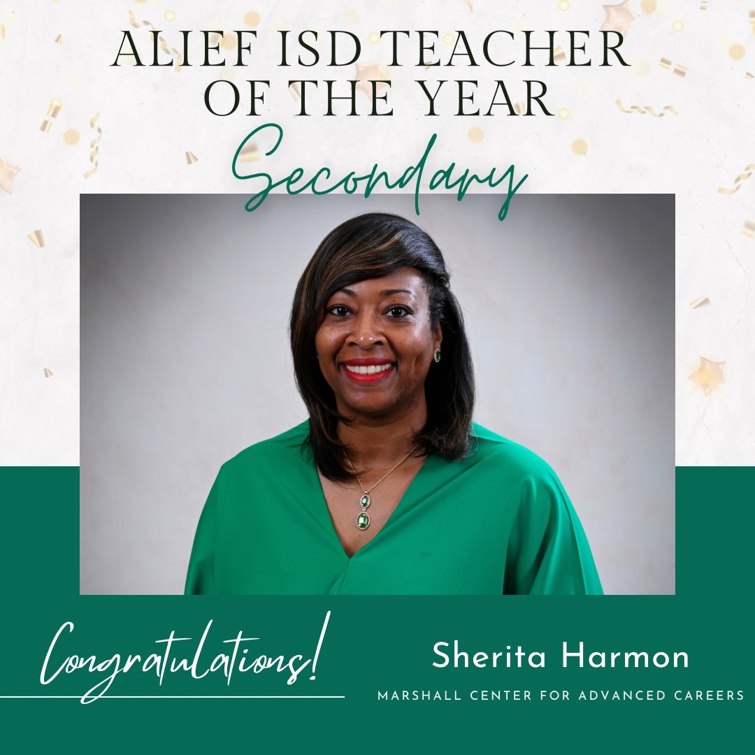 Congratulations to the 2025 District Secondary Teacher of the Year, Sherita Harmon, from Alief Marshall Center for Advanced Careers! #AliefProud #WeAreAlief