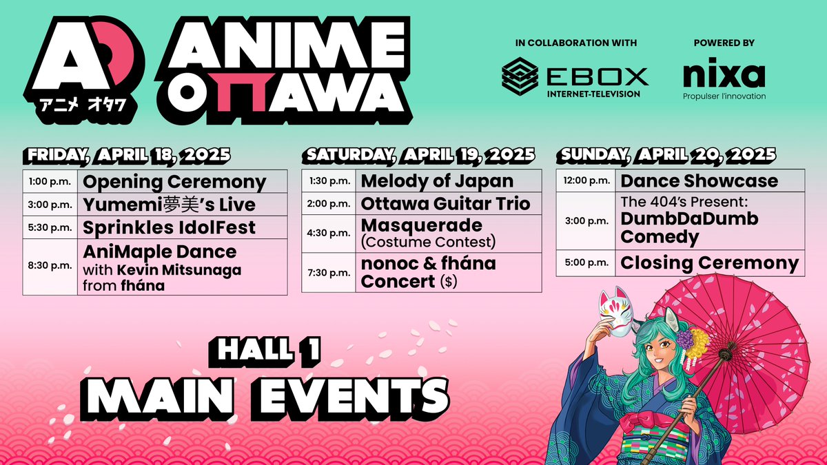 Check out the programming in Main Events this weekend! Show starts at 1:00 p.m. today with the opening ceremony! #animeottawa2025 #animeottawa