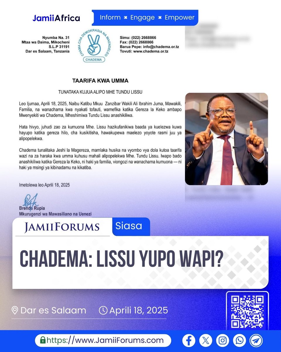 JamiiForums's tweet image. Taarifa ya Chama Cha Demokrasia na Maendeleo (CHADEMA), imeeleza Watu tofauti wakiwemo Viongozi na Wanachama wamefika katika Gereza la Keko ambapo Mwenyekiti wa Chama hicho, #TunduLissu anashikiliwa, lakini hawakufanikiwa baada ya kuelezwa kuwa hayupo katika gereza hilo bila…