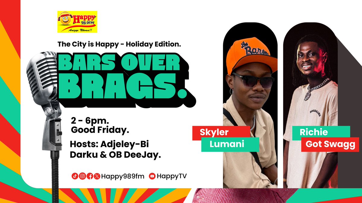 It’s Easter Holiday and the City is Happy.

We’re turning up the rhymes and vibes on #BarsOverBrags.

Catch <a href="/adjeleybidarku/">P.N.D Ankrah</a> &amp; <a href="/ob_deejay/">OBDJ</a> live, this afternoon from 2 to 6pm.

It’s not just radio show, it’s a rhythm revolution.

Don't miss it!

#HappyGhana #HappyEaster