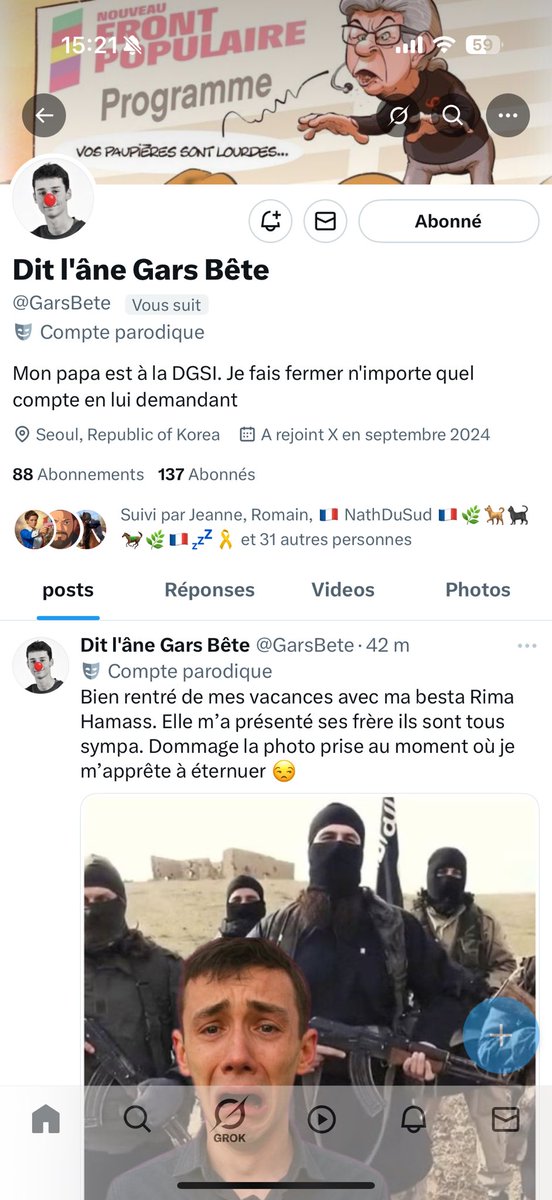 joker130886 (@jackoswald62) on Twitter photo Pour la liberté d’expression
Pour faire chier l’extrême gauche
Et leurs pisser dessus abonnez-vous en masse à ce compte <a href="/GarsBete/">Dit l'âne Gars Bête</a>
Tous ensemble pour le même combat
Redonnons lui la visibilité qu’il mérite
Vive la France libre 🇫🇷 Pour la liberté d’expression
Pour faire chier l’extrême gauche
Et leurs pisser dessus abonnez-vous en masse à ce compte <a href="/GarsBete/">Dit l'âne Gars Bête</a>
Tous ensemble pour le même combat
Redonnons lui la visibilité qu’il mérite
Vive la France libre 🇫🇷