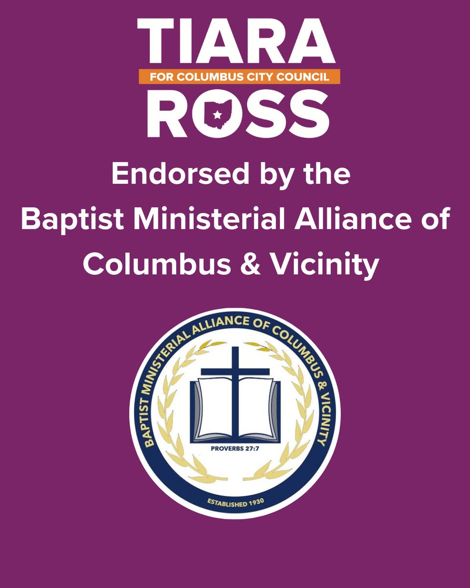 TiaraNRoss's tweet photo. I’m incredibly honored to be endorsed by the Baptist Ministerial Alliance of Columbus &amp; Vicinity — a cornerstone of faith, leadership, and service in our community since 1930.💜🧡
 #churchgirl https://t.co/lekJpqKjFR