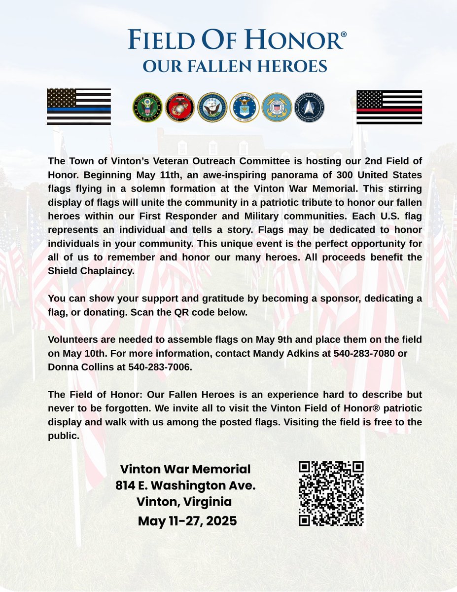 Field of Honor at Vinton War Memorial, a panorama of 300 United States flags flying in formation to honor our fallen heroes, from 5/11, thru 5/27/25.

Show your support or gratitude by becoming a sponsor, dedicating a flag, or donating at this website:  
healingfield.org/event/vinton-v…