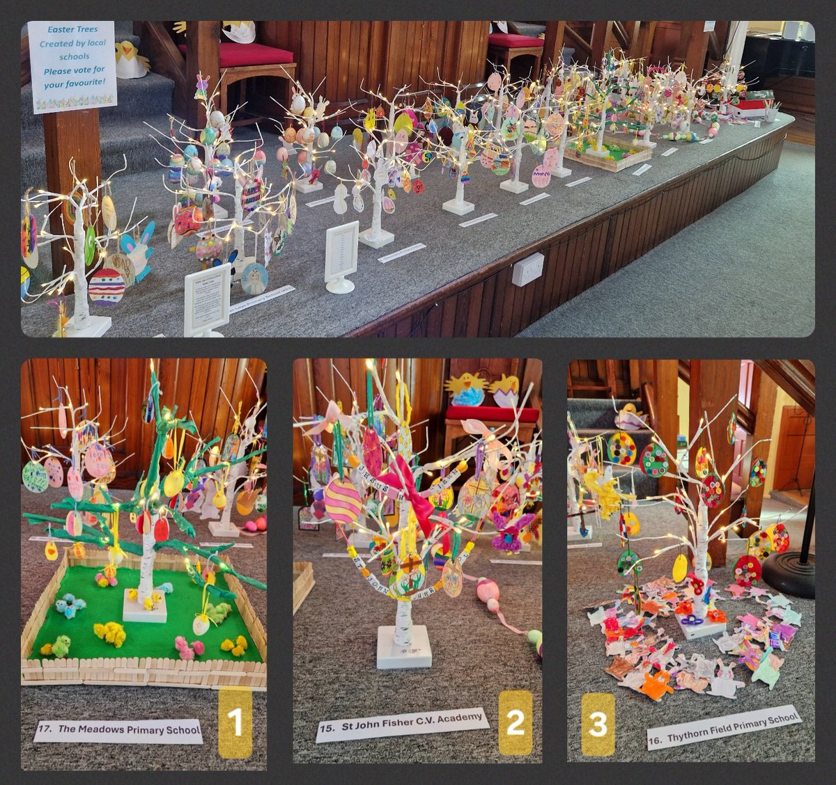 A huge WELL DONE to all the local primary schools that created 19 Easter trees for our Spring Fayre &amp; helped to raise £500 for LOROS! The votes are in &amp; we can reveal that <a href="/MeadowCPSchool/">@TheMeadowPrimary</a> finished in 1st place, <a href="/thythornfield/">Thythorn Field Primary School 💙</a> in 2nd place &amp;  <a href="/StJohnFisherCVA/">St John Fisher CVA</a> in 3rd place. 👏🏼👏🏼👏🏼