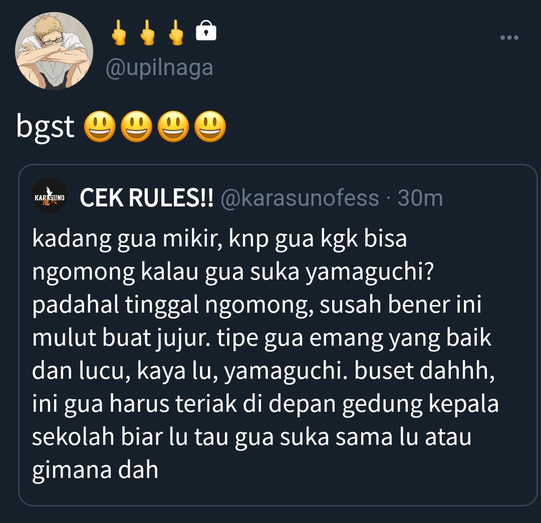 ketika admin base sekolah lupa switch akun 😃

cw // harshwords
a #tsukkiyama few tweets au - fanfic.