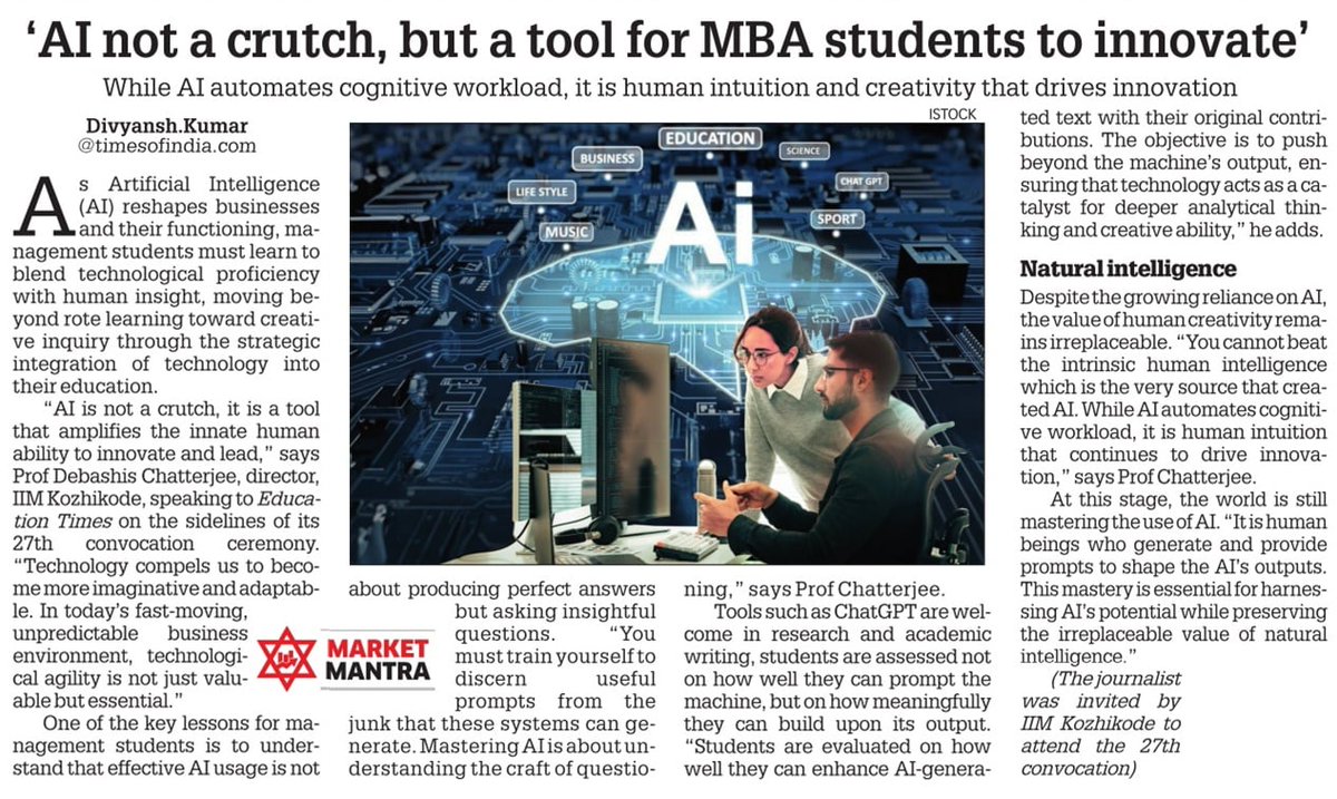 AI is not a crutch, but a tool to amplify the innate human ability to innovate

Read my full story here | educationtimes.com/article/campus…
#AI #ArtificialInteligence #IIMK #Management #Education