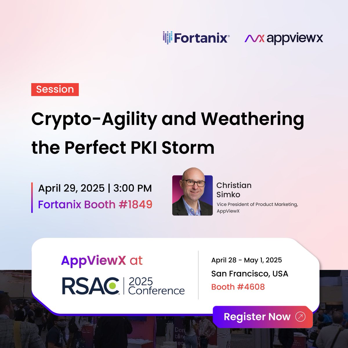 Join Christian Simko of <a href="/AppViewX/">AppViewX</a>, for an insightful session on Crypto-Agility and Weathering the Perfect PKI Storm—happening live at the @Fortanix Booth #1849 during #RSAC2025.

🎟 Get your complimentary expo pass with code "52EAPPVXXP" -  buff.ly/xS2OQMb