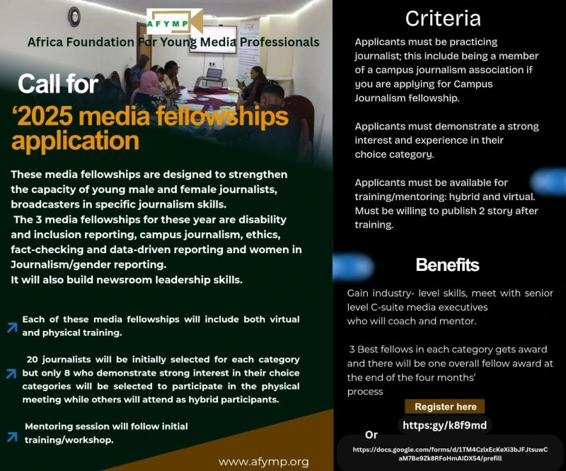 GIJN Africa (@gijnafrica) on Twitter photo 📣 Applications are open for the 2025 <a href="/africamediafdn/">Africa Foundation for Young Media Professionals</a> media fellowships.
👉 Disability & inclusion reporting
👉 Campus journalism, ethics, fact-checking and data-driven reporting
👉 Women in Journalism/gender reporting
Closing date: May 8.
Apply 👉 twp.ai/4imcCS 📣 Applications are open for the 2025 <a href="/africamediafdn/">Africa Foundation for Young Media Professionals</a> media fellowships.
👉 Disability & inclusion reporting
👉 Campus journalism, ethics, fact-checking and data-driven reporting
👉 Women in Journalism/gender reporting
Closing date: May 8.
Apply 👉 twp.ai/4imcCS