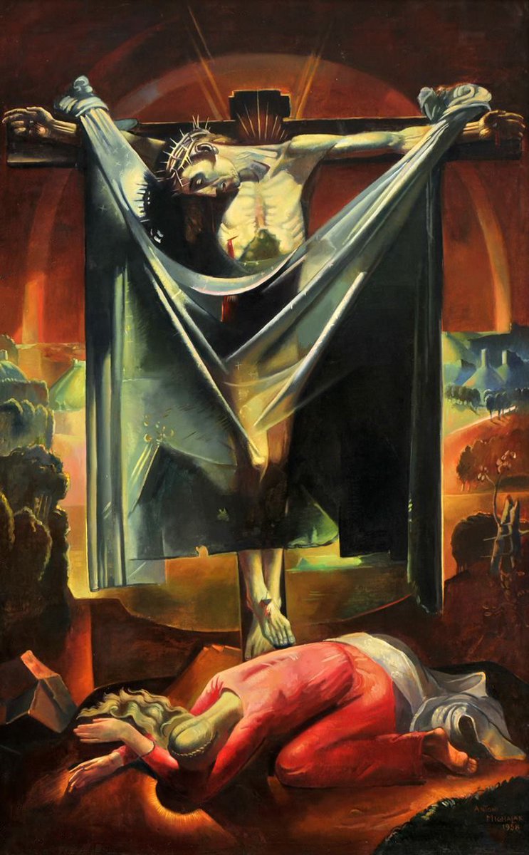 Antoni Michalak - Ukrzyżowanie ze św. Marią Magdaleną (olej na płótnie, 175 x 110,5 cm), 1931/1958, Muzeum KUL w Lublinie. #PolishMastersofArt