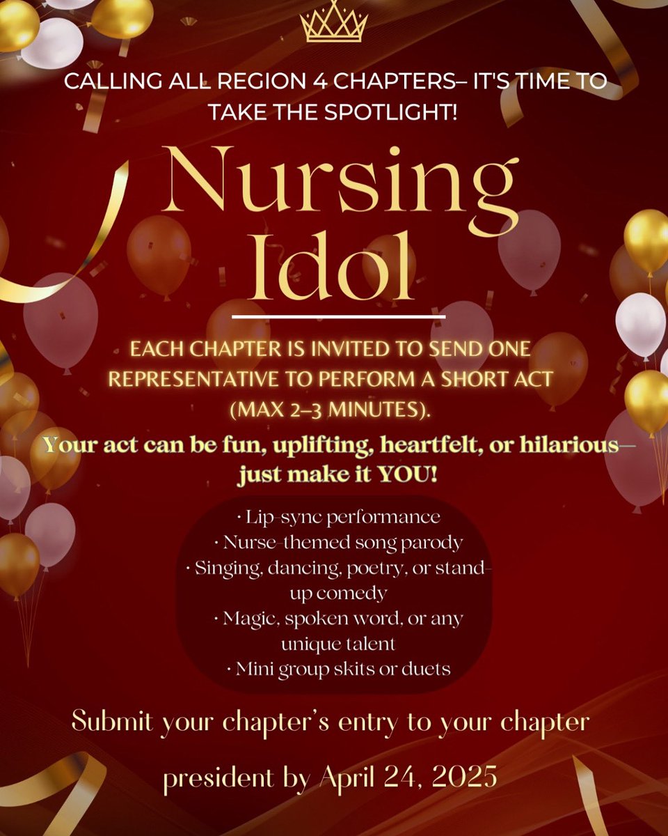 RNAOWaterloo's tweet photo. Calling all region 4 members! We are searching for our next Nursing Idol! Each chapter is invited to submit one entry. Performances will be shared during the upcoming Nurses Week celebration, May 8, at the Milton Banquet &amp; Conference Centre. https://t.co/zKrMyquOG8