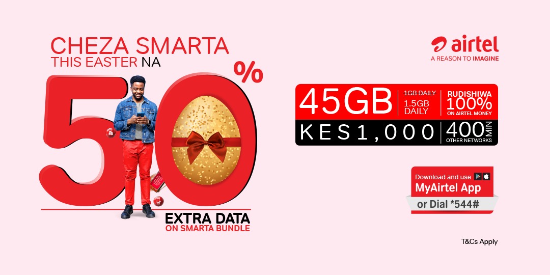 KUcoolkid's tweet photo. Planning to binge your favorite shows this Easter? Airtel has you sorted. Get 50% extra data with Smarta Bundle and stream stress-free all weekend. #ChezaSmartaEaster https://t.co/tLk7Bra51v