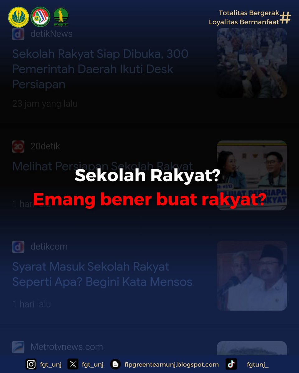 fgt_unj's tweet photo. [SEKOLAH RAKYAT?]

Sekolah Rakyat digadang-gadang sebagai solusi pendidikan bagi anak-anak dari keluarga miskin ekstrem. https://t.co/oZRFV5BysX
