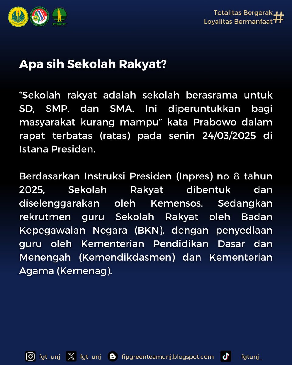 fgt_unj's tweet photo. [SEKOLAH RAKYAT?]

Sekolah Rakyat digadang-gadang sebagai solusi pendidikan bagi anak-anak dari keluarga miskin ekstrem. https://t.co/oZRFV5BysX