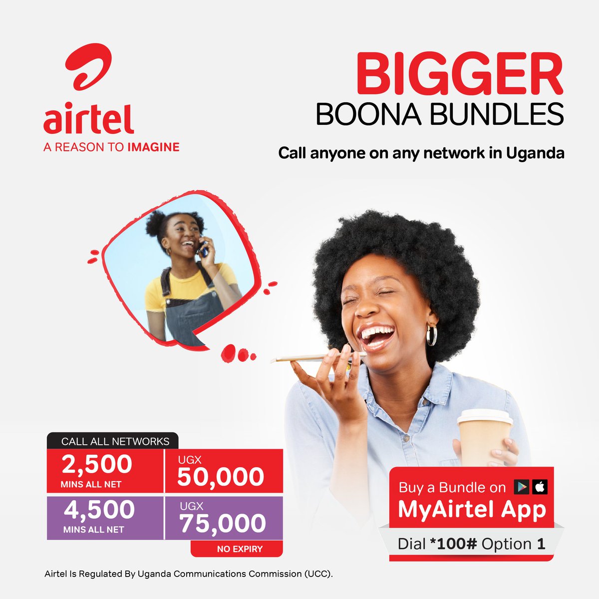 Airtel_Ug's tweet photo. Unlimited Conversations, One Bundle.
Stay connected with #CallBoona Bundles—bigger, better, and with no expiry.
✅ 2,500 mins – UGX 50,000
✅ 4,500 mins – UGX 75,000
Buy on #MyAirtelApp or Dial *100# Option 1. https://t.co/n0ZUJDbIlq