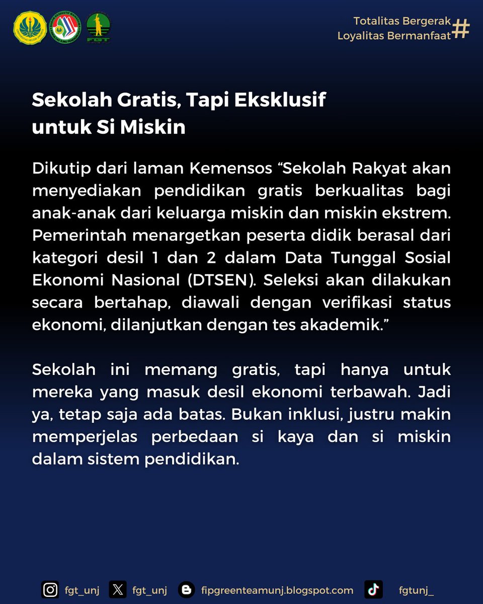 fgt_unj's tweet photo. Tapi benarkah ini jalan keluar terbaik? Di balik niat mulia, terselip potensi masalah: anggaran jumbo, risiko korupsi, hingga pengkastaan sosial. Saatnya kita bertanya—apakah ini benar-benar untuk rakyat, atau hanya sekadar nama? https://t.co/KgqcNKCXJ5
