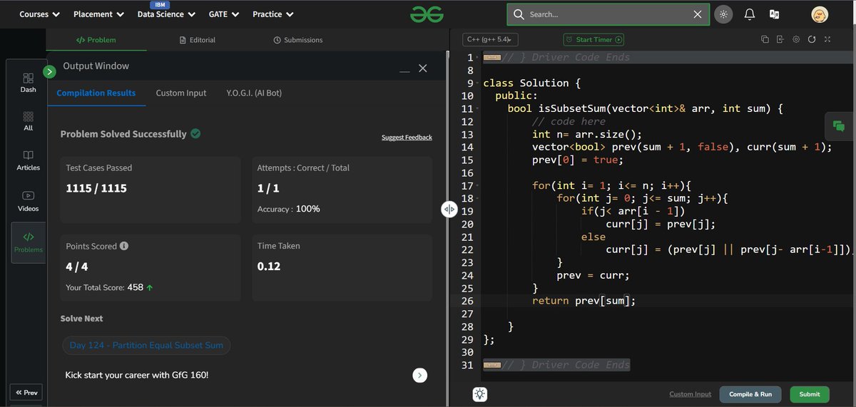 httpviddie's tweet photo. Day 113- Subset Sum Problem

@geeksforgeek
#gfg160 #geekstreak2024 #womenintech https://t.co/yZYttyYZKG