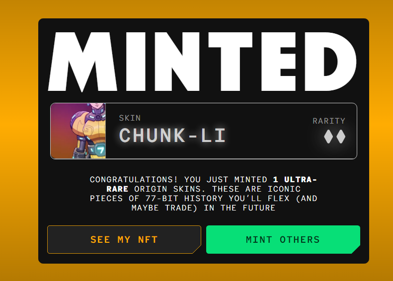 AdroitMindset's tweet photo. Chunk-Li
Origin Skin NFT Mint
I'll take it considering I couldn't load into any games and only qualified because of having 77k+ Bytes
@the77bit
#77Bit #77BitHub #BitHub https://t.co/p0WasGlSBk