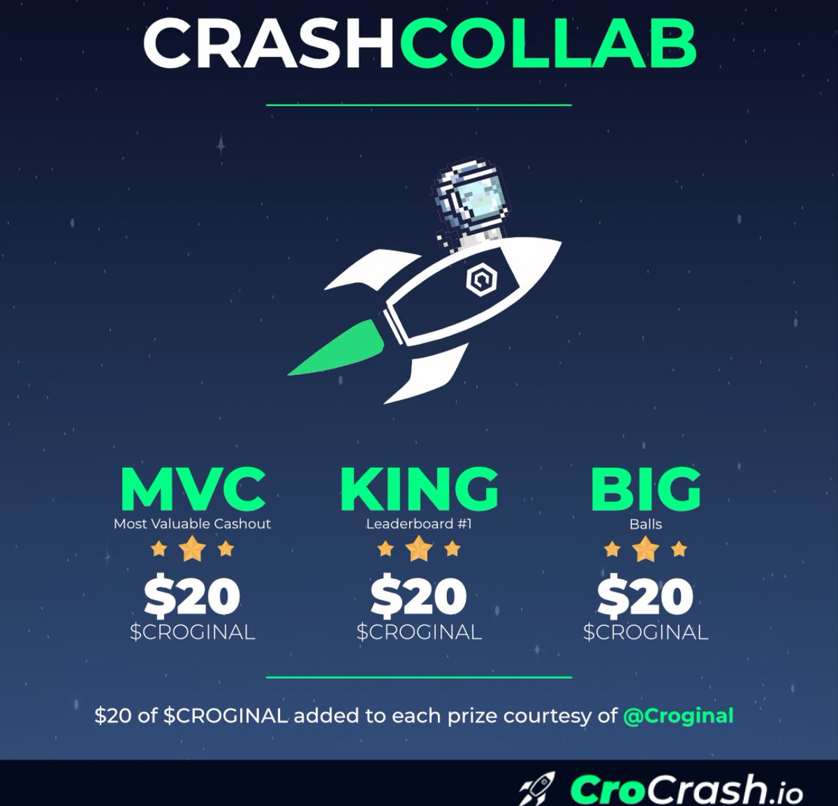 CroCrash (@cro_crash) on Twitter photo As promised our first collab is live with <a href="/Croginal/">ππ«π¨π π’π§ππ₯ ππππ’ππ’ππ₯</a>. The winners will be who is on the leaderboard for the week of the 26th. One random wallet that plays will also win a croginal nft and 50 CRO bet credit on Crocrash. Make sure you have notis on. Things are going to speed up As promised our first collab is live with <a href="/Croginal/">ππ«π¨π π’π§ππ₯ ππππ’ππ’ππ₯</a>. The winners will be who is on the leaderboard for the week of the 26th. One random wallet that plays will also win a croginal nft and 50 CRO bet credit on Crocrash. Make sure you have notis on. Things are going to speed up