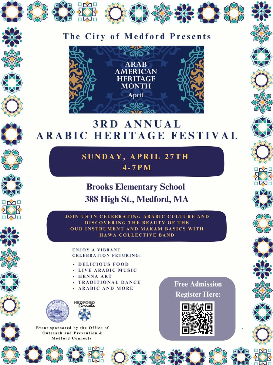 Our third annual Arabic Heritage Festival is this Sunday, April 27 from 4pm-7pm at the Brooks School! Join us in celebrating Arabic culture with delicious food, live Arabic music, henna art, traditional dance, and more.

Admission is free, register here: docs.google.com/forms/d/e/1FAI…