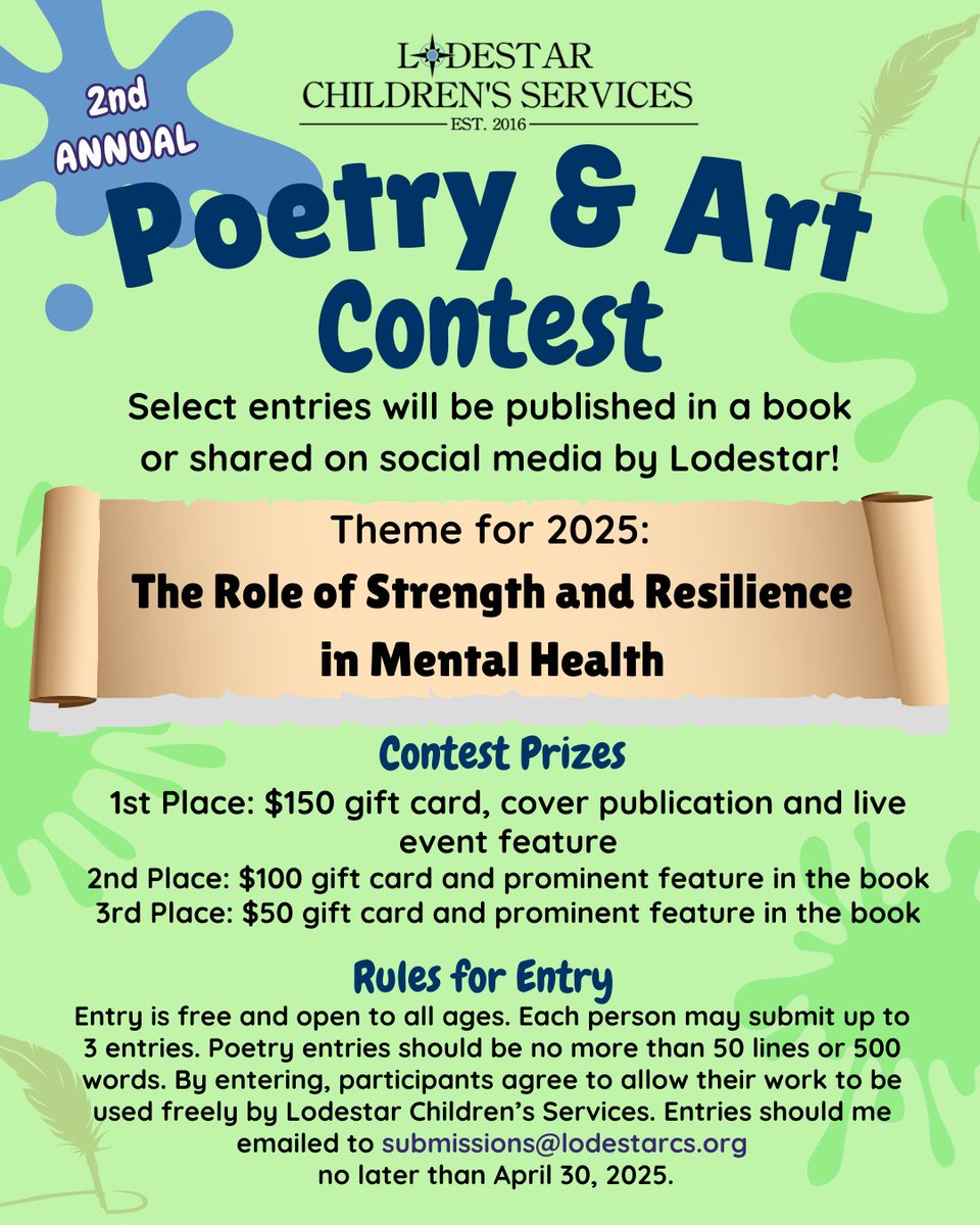 LodestarCS's tweet photo. We're less than 2 weeks away from our Poetry and Art Contest deadline, so be sure to get your entries in before time runs out!
This year's theme is, "The Role of Strength and Resilience in Mental Health." 
Email  entries no later than April 30, 2025 to submissions@lodestarcs.org https://t.co/zTyn0Dn6Bn