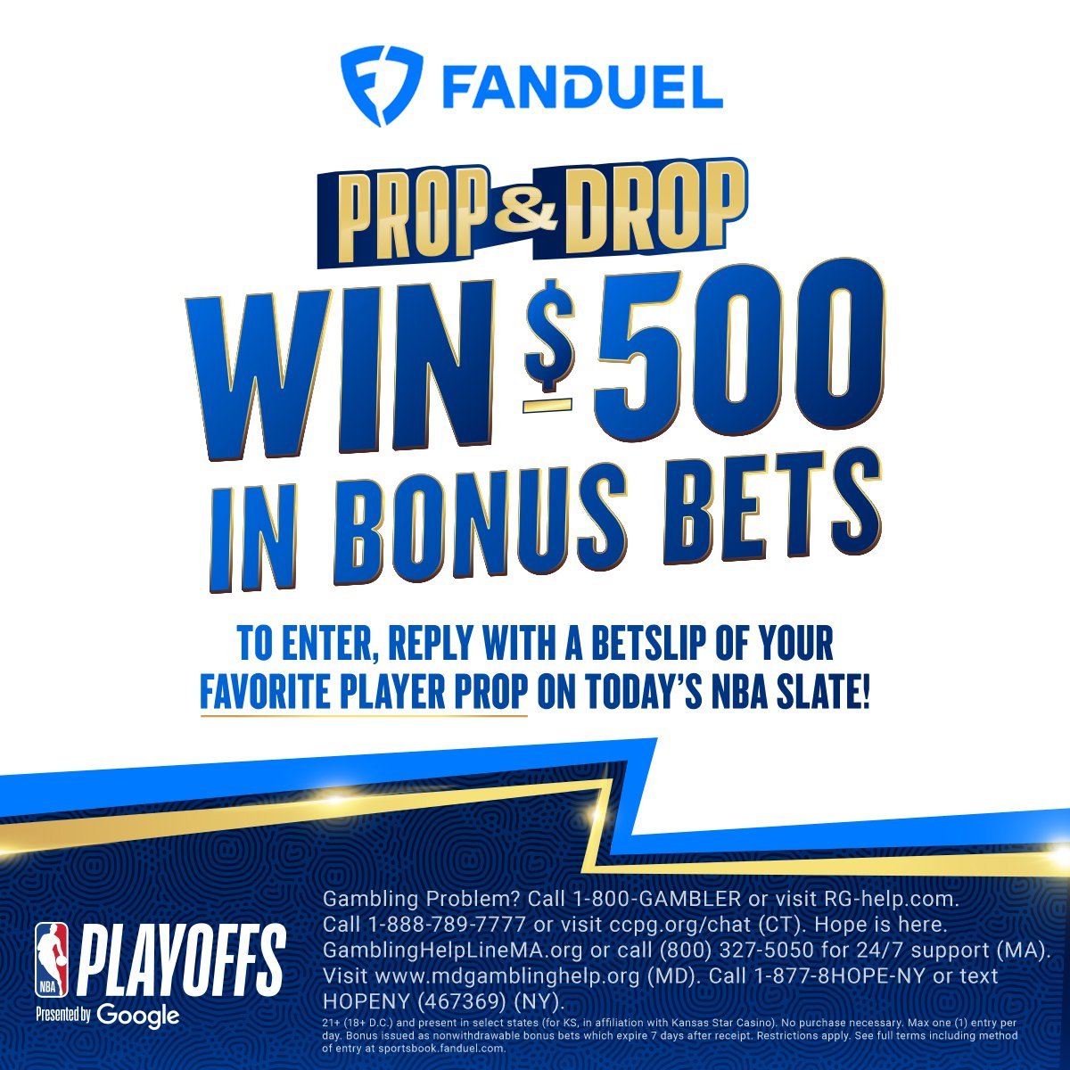 DAY 3 OF PROP &amp; DROP. WE'RE BACK 🗣️

The #NBAPlayoffs are here, and another 20 customers will receive $500 in Bonus Bets 💰

To enter:
1️⃣ REPOST
2️⃣ Follow <a href="/FDSportsbook/">FanDuel Sportsbook</a>
3️⃣ REPLY with a betslip of your favorite NBA player prop on today's slate

Rules: linktr.ee/FanDuel