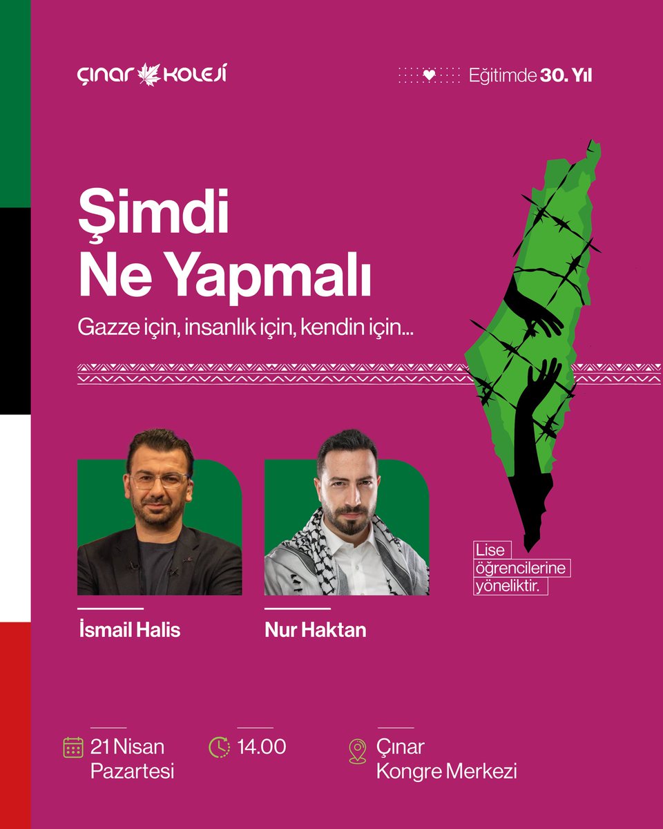 cinarkoleji's tweet photo. Çınar Koleji olarak anlamlı bir programa ev sahipliği yapıyoruz.

“Şimdi Ne Yapmalı” başlıklı etkinliğimizde, gazeteci İsmail Halis ve yazar Nur Haktan bizlerle olacak.

Tarih: 21 Nisan Pazartesi
Saat: 14.00
Yer: Çınar Kongre Merkezi
(Not: Etkinlik lise öğrencilerine yöneliktir.) https://t.co/89q3e16nux