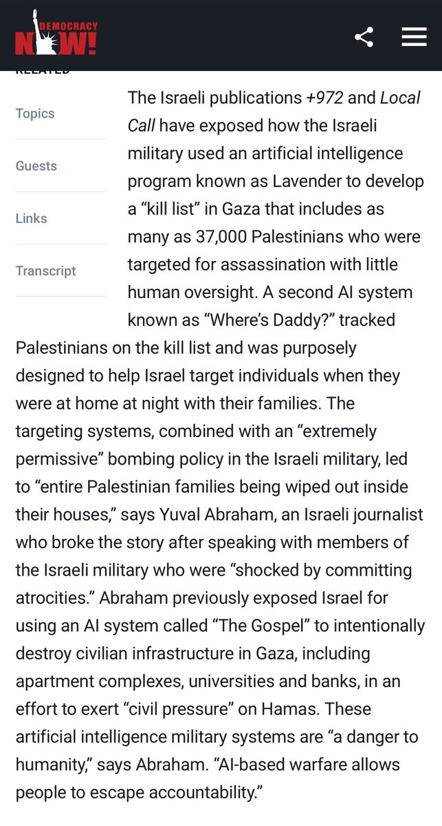 SexoGratweeto's tweet photo. Israel está a usar um software IA para maximizar baixas civis quando mata membros do Hamas. Chama-se “Where’s Daddy?” e é usado para esperar para estarem em casa para matar a família toda, incluindo crianças.
O PCP é o primeiro partido que vejo falar disto. https://t.co/iEZ48cJEwy