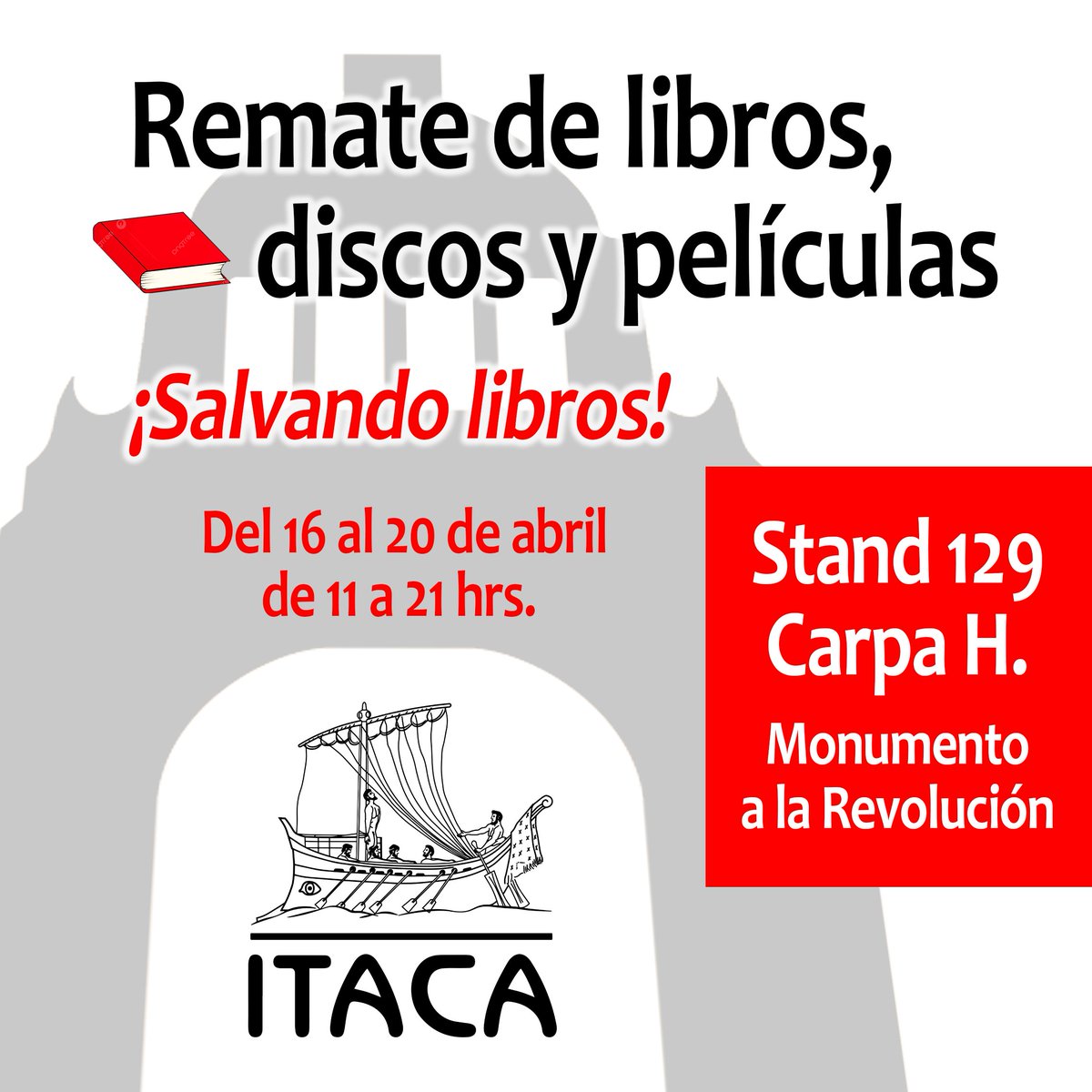Te invitamos al tradicional evento anual de "Remate de libros, discos y películas" en el Monumento a la Revolución con excelentes ofertas para ti; del 16 al 20 de abril, de 11 a 21 horas. Te esperamos en el Stand 129 de la Carpa H.