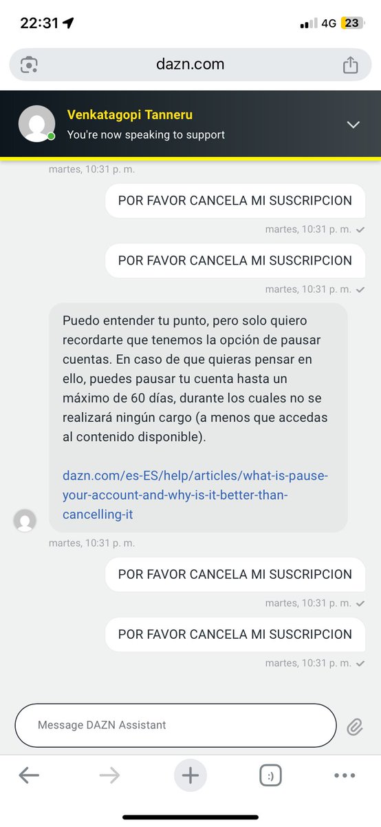 RodrigoLamas's tweet photo. @DAZN_ES aún no he recibido mi email confirmando la baja en el servicio y ya han pasado 48h. ¿Podéis confirmarme que no me pasaréis el próximo recibo? La verdad es que es cualquier cosa menos fácil darse de baja. https://t.co/1QO7A8N4zF