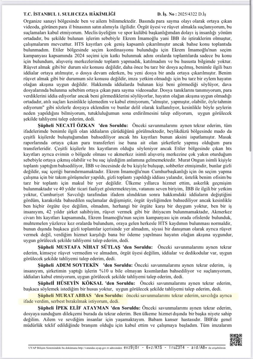 Tahliye olan Kültür A.Ş Genel Müdürü Murat Abbas ile ilgili Mahkeme kararı …

Şüpheli MURAT ABBAS'ın savcılıkta etkin pişmanlıktan faydalanmaya yarar nitelikte ifade
verdiği anlaşılmakla İstanbul Cumhuriyet Başsavcılığının 18.04.2025 tarih ve 2024/228233 soruşturma
sayılı