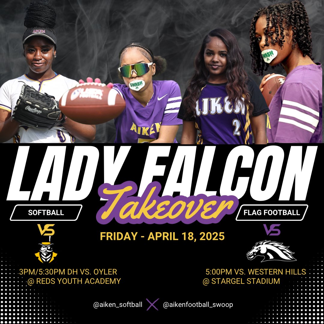 Today the Lady Falcons take over! Softball is playing a doubleheader at the Reds Academy against Oyler (3pm/5:30pm) and Flag Football heads downtown to play Western Hills at Stargel Stadium (5pm).

Come out to support your Lady Falcons!

#AikenSB #AikenFF #SWOOP